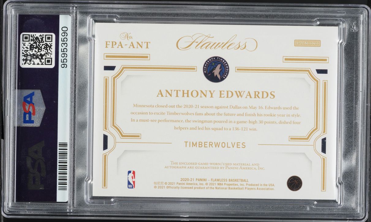 2020 Panini Flawless Anthony Edwards ROOKIE PATCH AUTO 1/25 #FPAANT PSA 9 MINT