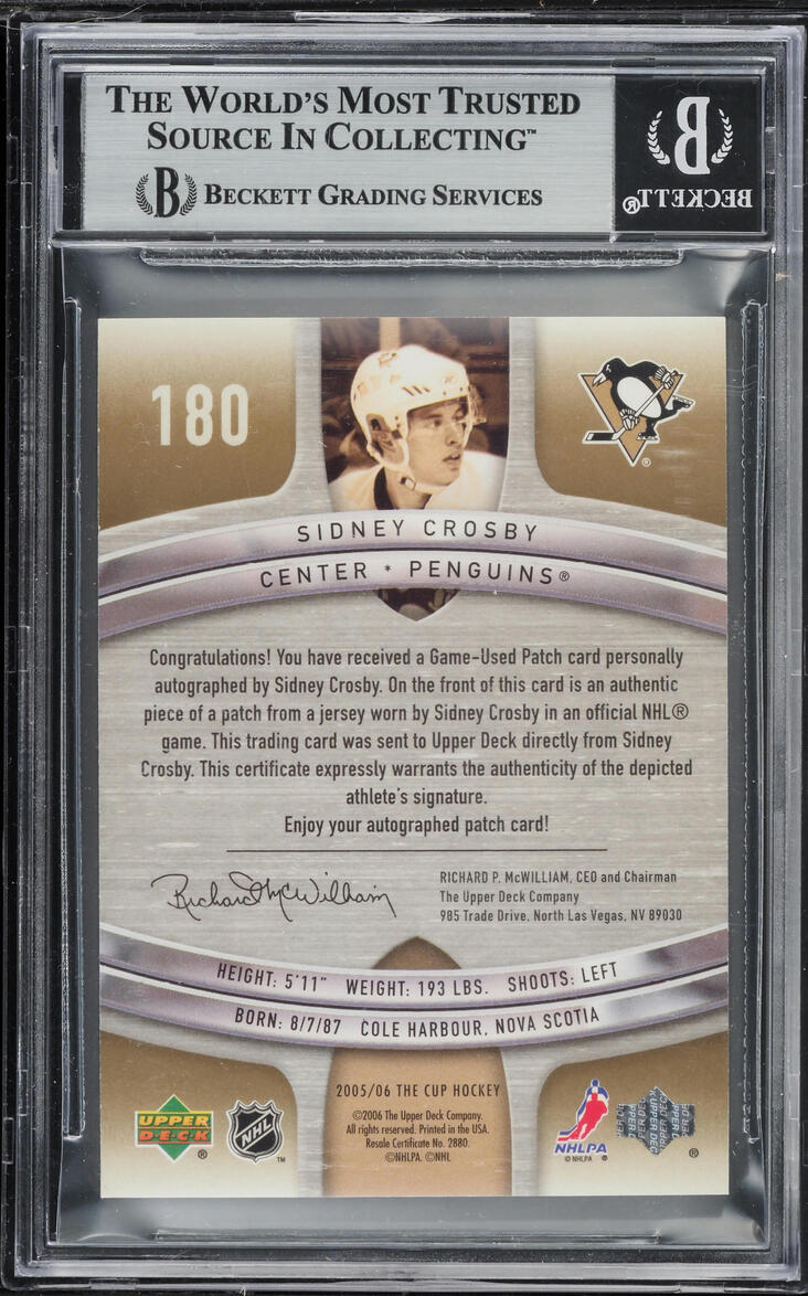 2005 UD The Cup Gold Rainbow Sidney Crosby ROOKIE PATCH AUTO /87 #180 BGS 8.5