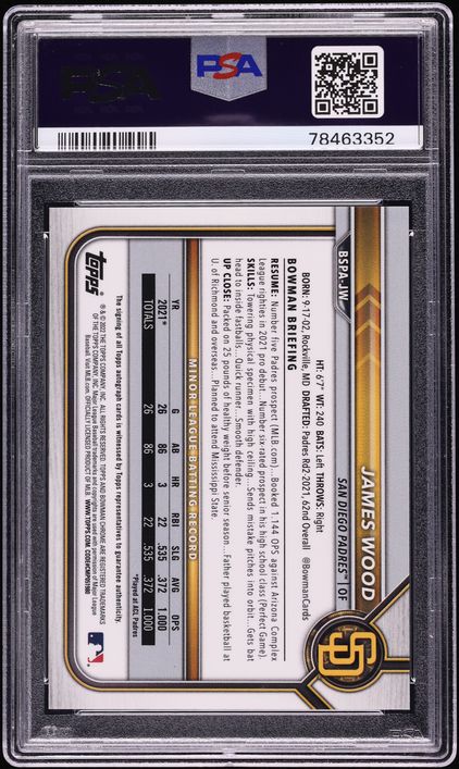 2022 Bowman Chrome Sapphire Padparadscha James Wood PROSPECT AUTO 1/1 #BSPA-JW PSA 9 MINT