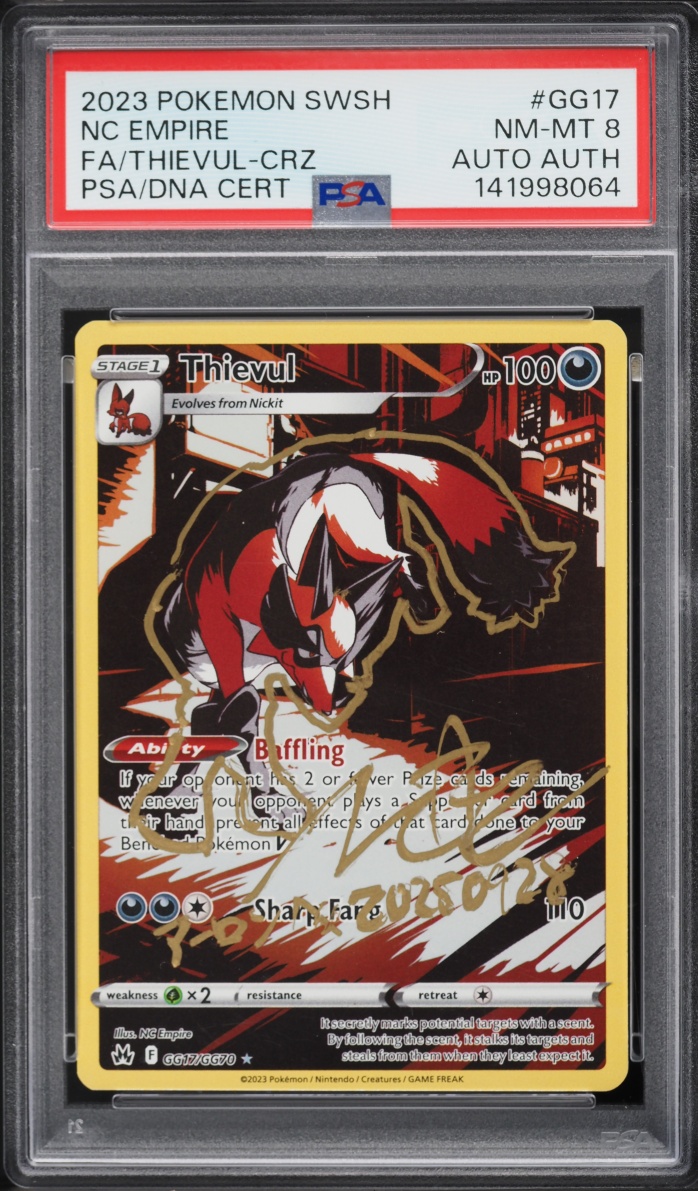 2023 Pokemon Sword & Shield Crown Zenith Full Art Thievul NC Empire AUTO #GG17 PSA 8 NM-MT