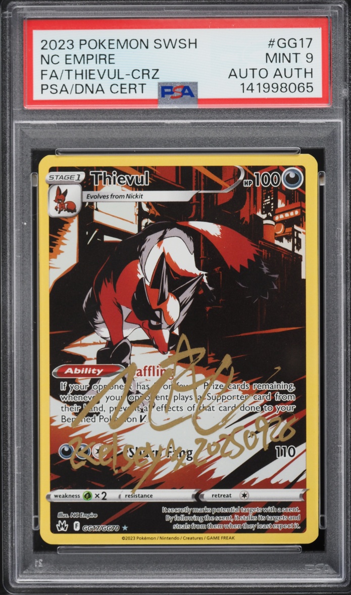 2023 Pokemon Sword & Shield Crown Zenith Full Art Thievul NC Empire AUTO DNA #GG17 PSA 9 MINT