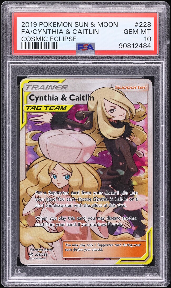 2019 Pokemon Sun & Moon Cosmic Eclipse Full Art Cynthia & Caitlin #228 PSA 10 GEM MINT