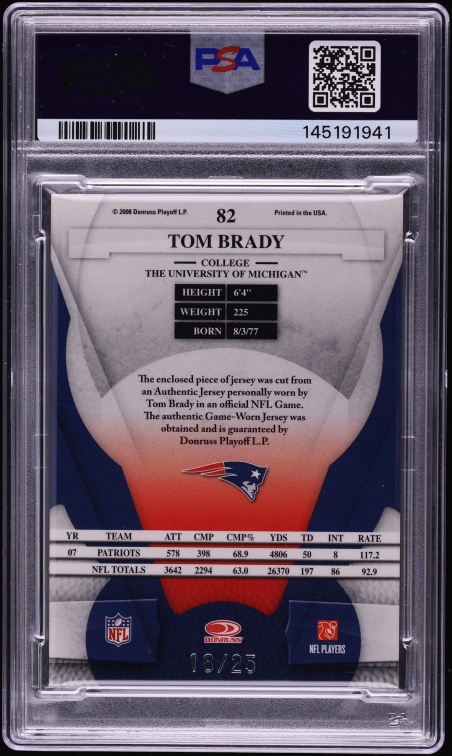 2008 Leaf Certified Materials Mirror Gold Tom Brady PATCH /25 #82 PSA 9 MINT - Photo 2