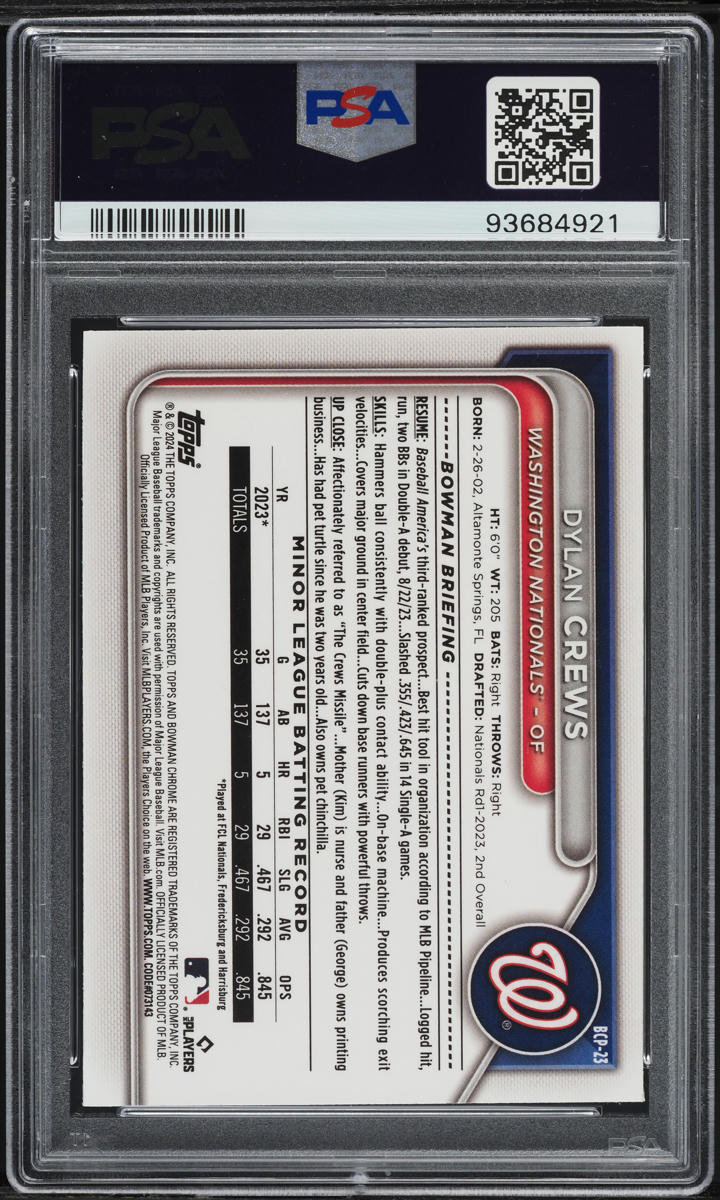 2024 Bowman Chrome Mini Diamond Refractor Dylan Crews ROOKIE #BCP-23 PSA 10 GEM