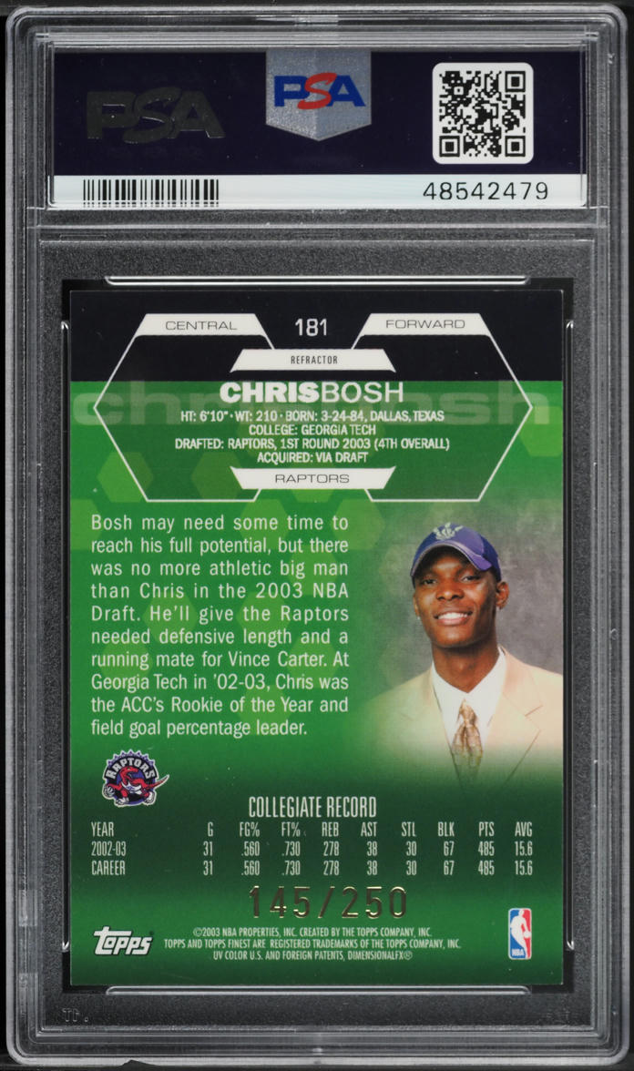 2002 Finest Refractor Chris Bosh ROOKIE /250 #181 PSA 10 GEM MINT