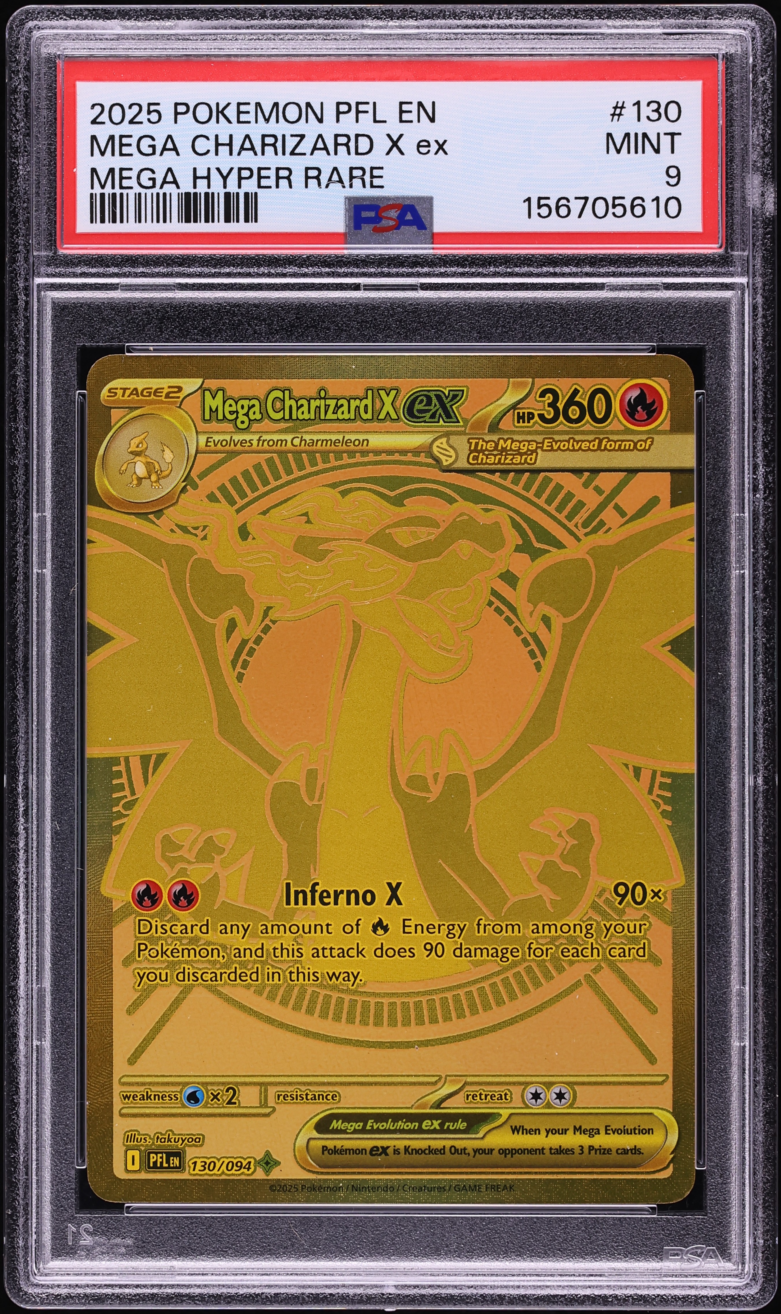 2025 Pokemon Mega Evolution Phantasmal Flames Gold Rare Mega Charizard X Ex #130 PSA 9 MINT