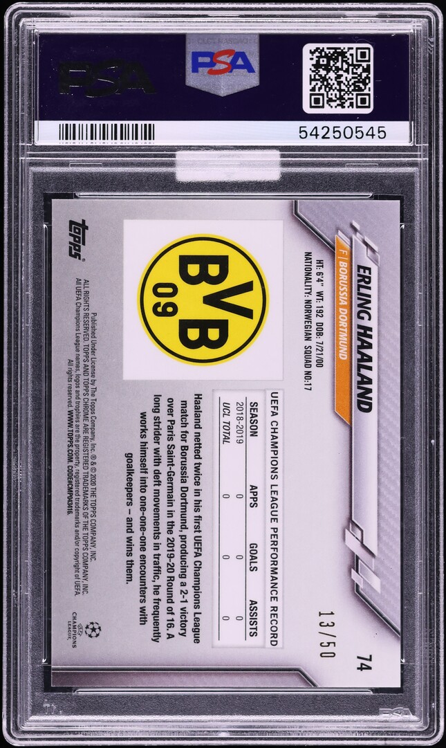 2019 Topps Chrome UEFA Sapphire Orange Erling Haaland ROOKIE /50 #74 MBA PSA 10 GEM MINT