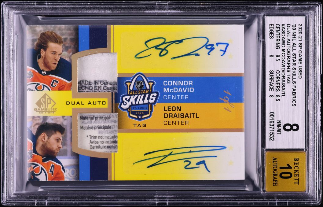 2020 SP Game Used NHL All Star Skills Connor McDavid Leon Draisaitl TAG PATCH AUTO 1/1 BGS 8