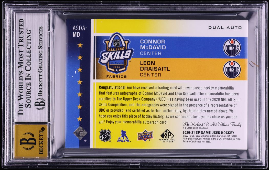 2020 SP Game Used NHL All Star Skills Connor McDavid Leon Draisaitl TAG PATCH AUTO 1/1 BGS 8