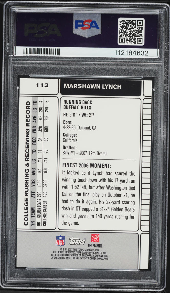 2007 Finest Marshawn Lynch ROOKIE #113 PSA 10 GEM MINT