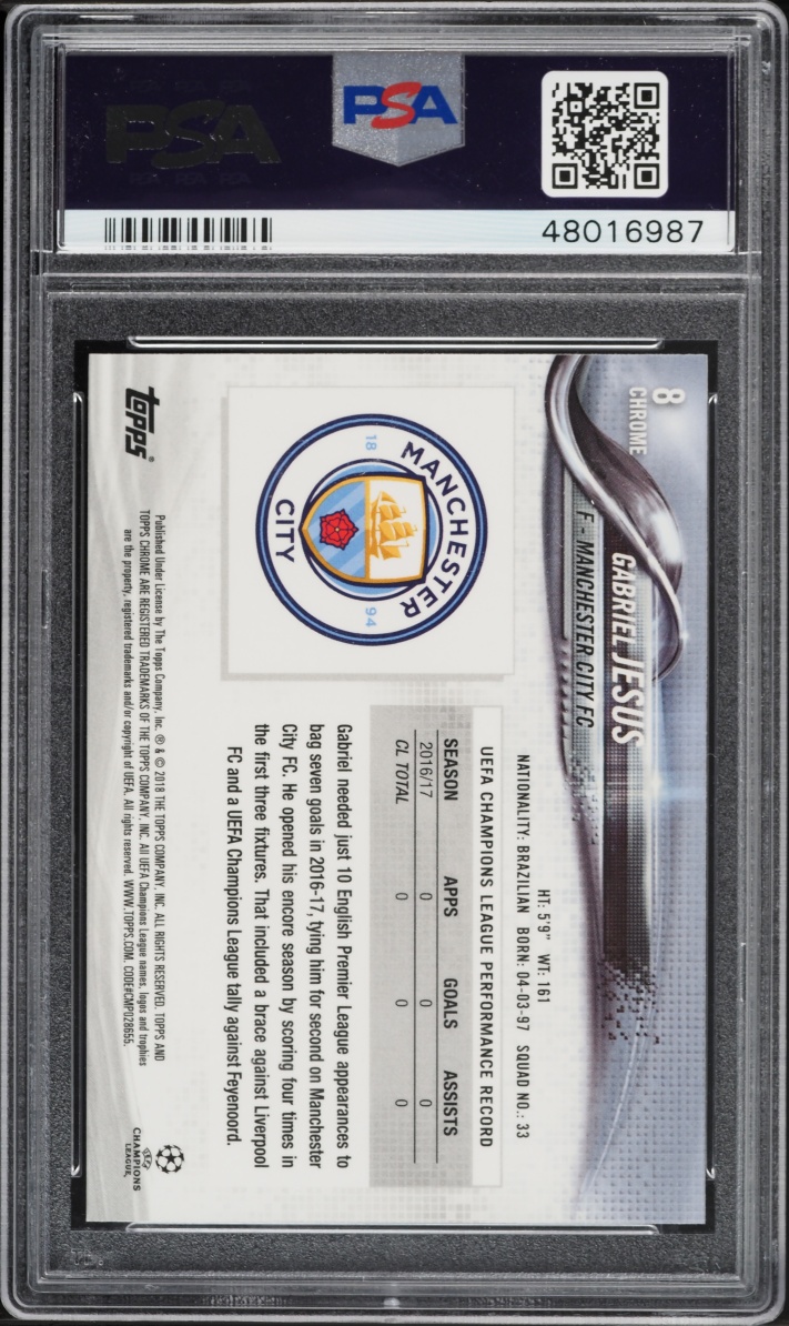 2017 Topps Chrome UEFA Champions League Gabriel Jesus #8 PSA 10 GEM MINT