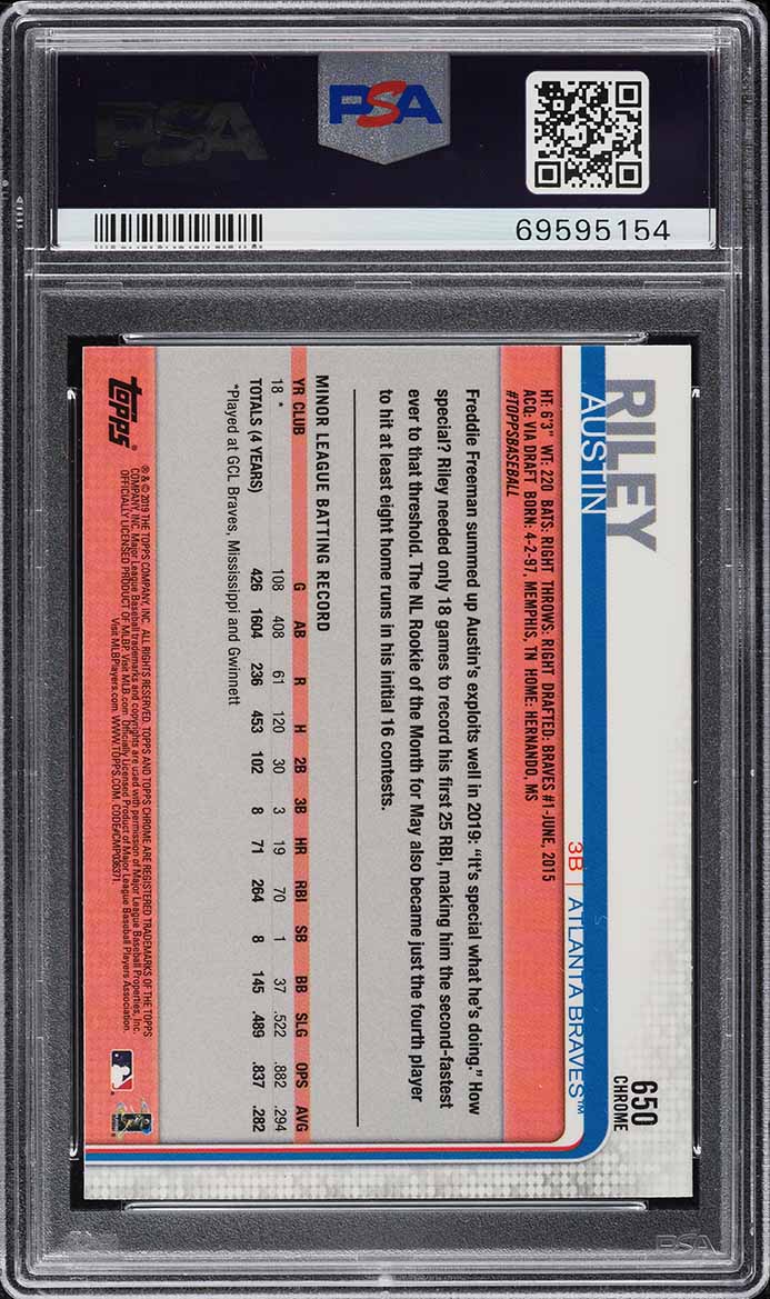 2019 Topps Chrome Sapphire Austin Riley ROOKIE #650 PSA 10 GEM MINT