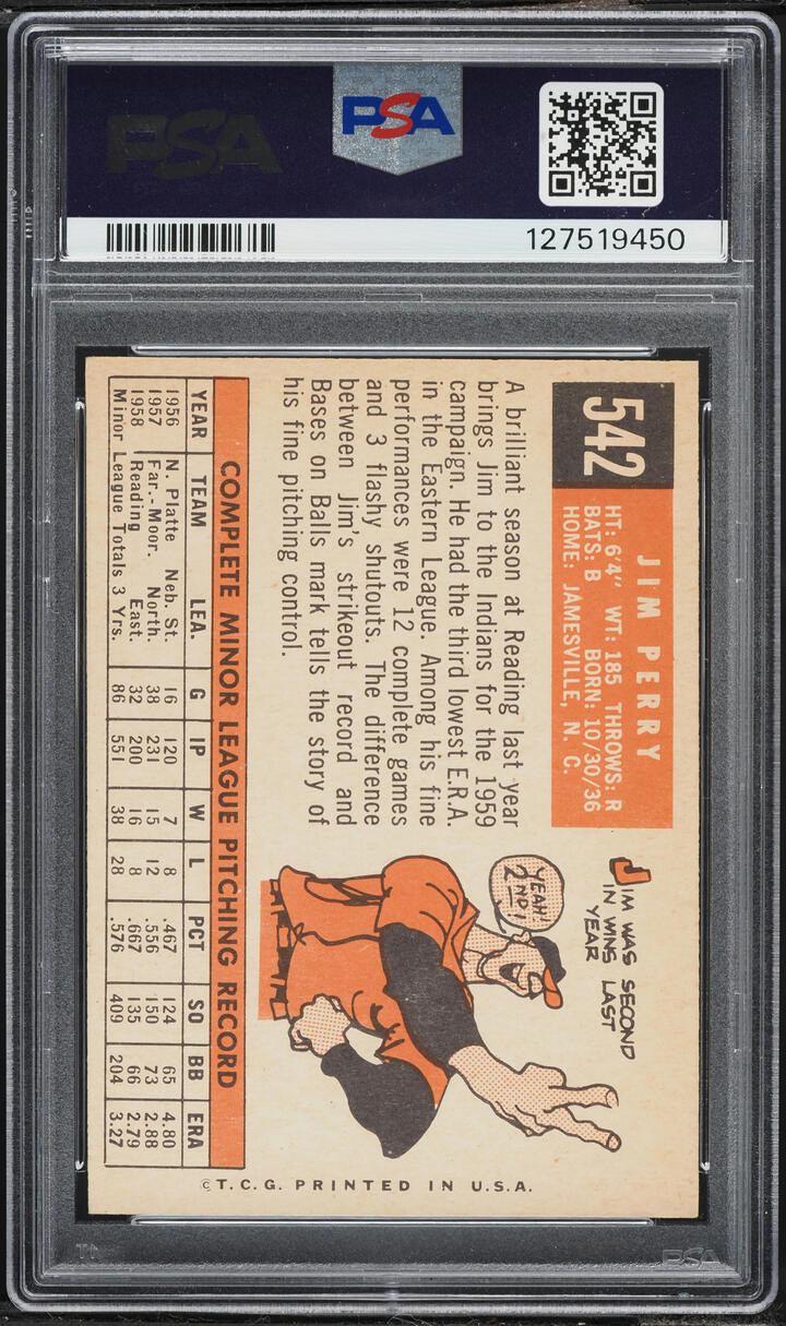 1959 Topps Jim Perry ROOKIE AUTO DNA 8 #542 PSA 6 EXMT