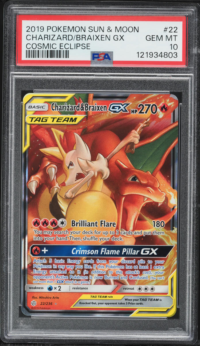 2019 Pokemon Sun & Moon Cosmic Eclipse Full Art Charizard Braixen GX #22 PSA 10 GEM MINT
