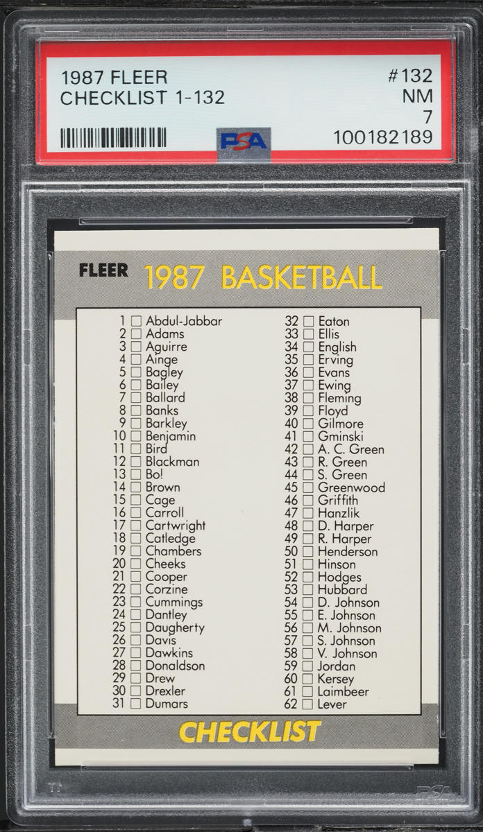 1987 Fleer Basketball Checklist 1-132 #132 PSA 7 NRMT