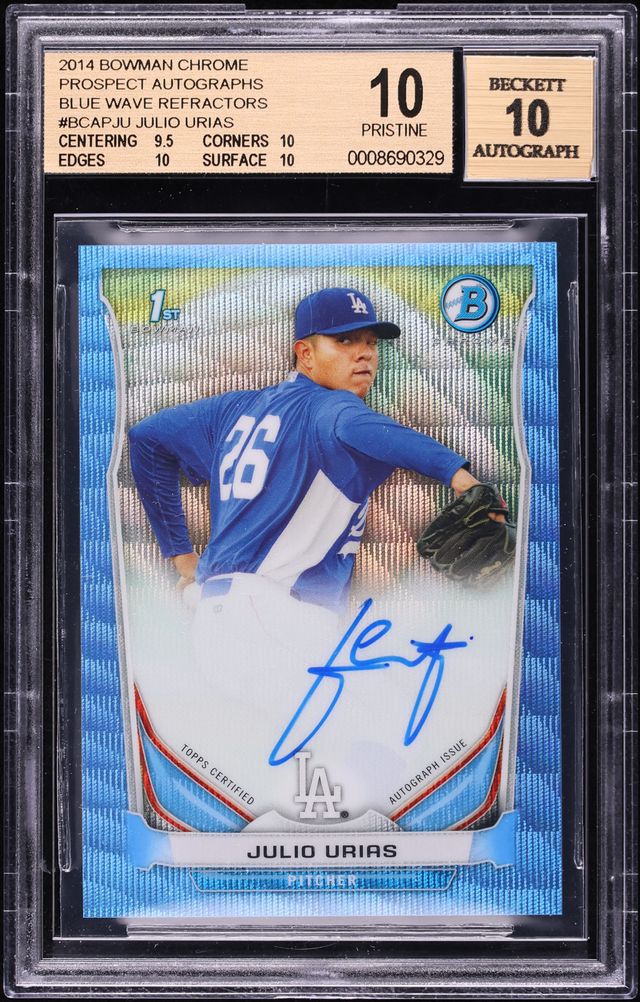 2014 Bowman Chrome Blue Wave Refractor Julio Urias PROSPECT AUTO /50 #BCAP-JU BGS 10 PRISTINE