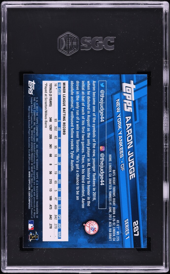 2017 Topps Arms Over Railing Aaron Judge ROOKIE #287 SGC 9 MINT