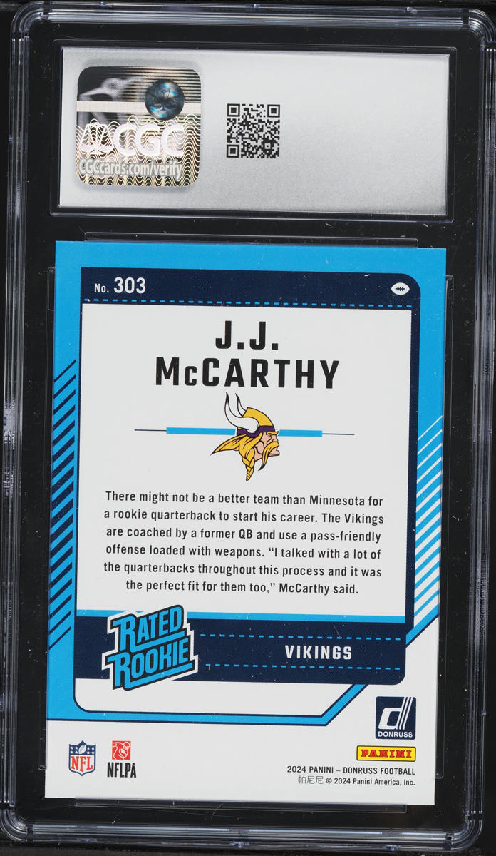 2024 Donruss Football J.J. McCarthy ROOKIE #303 CGC 10 GEM MINT