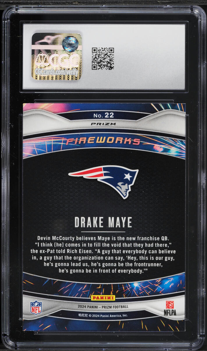 2024 Panini Prizm Fireworks Green Drake Maye ROOKIE #22 CGC 10 GEM MINT