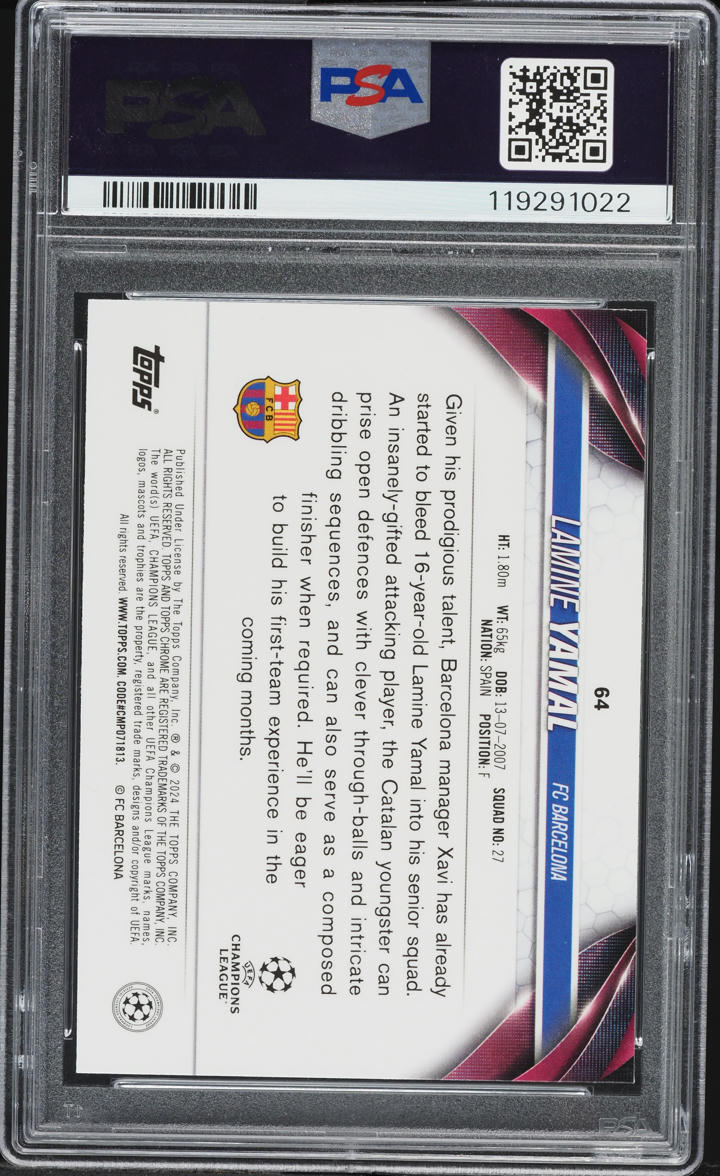 2023 Topps Chrome UEFA Orange Refractor Lamine Yamal ROOKIE /25 #64 PSA 10 GEM MINT