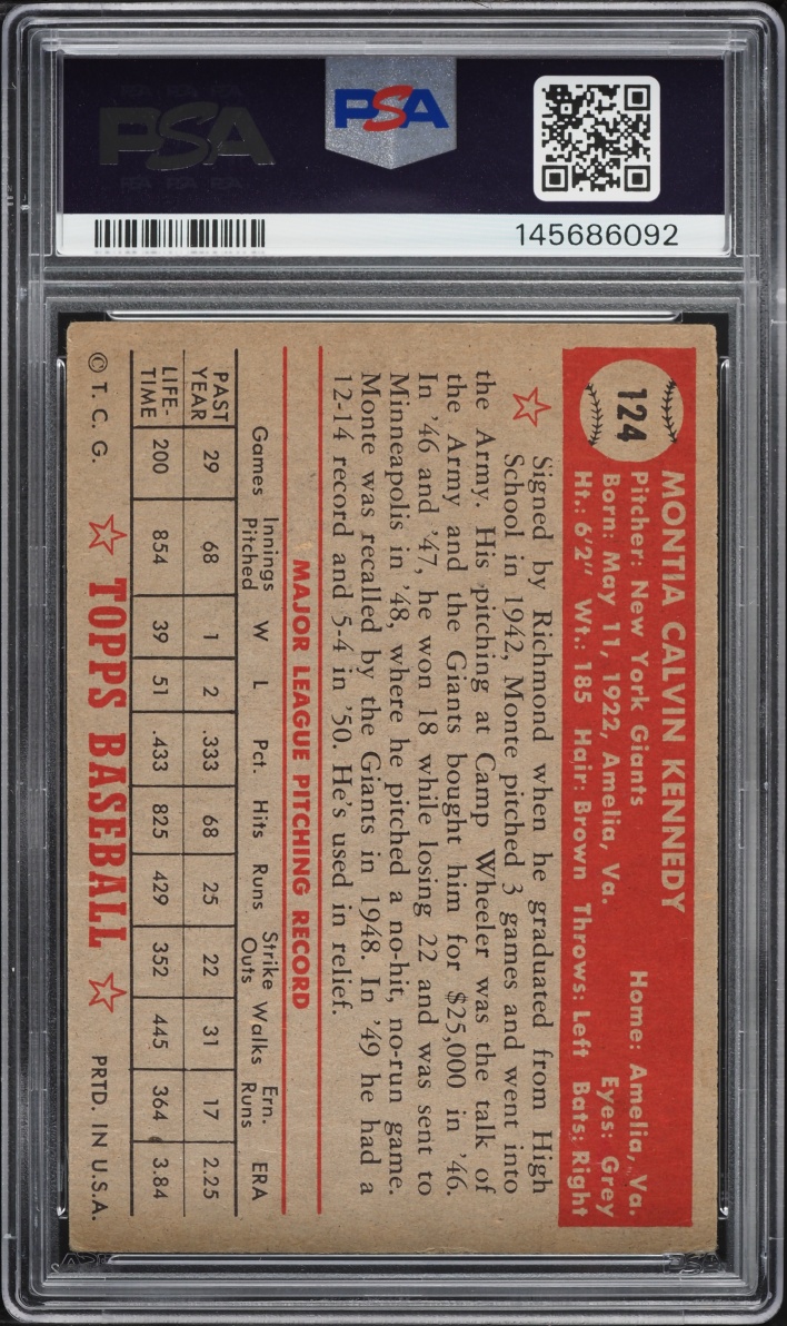 1952 Topps Monte Kennedy #124 PSA 3 VG