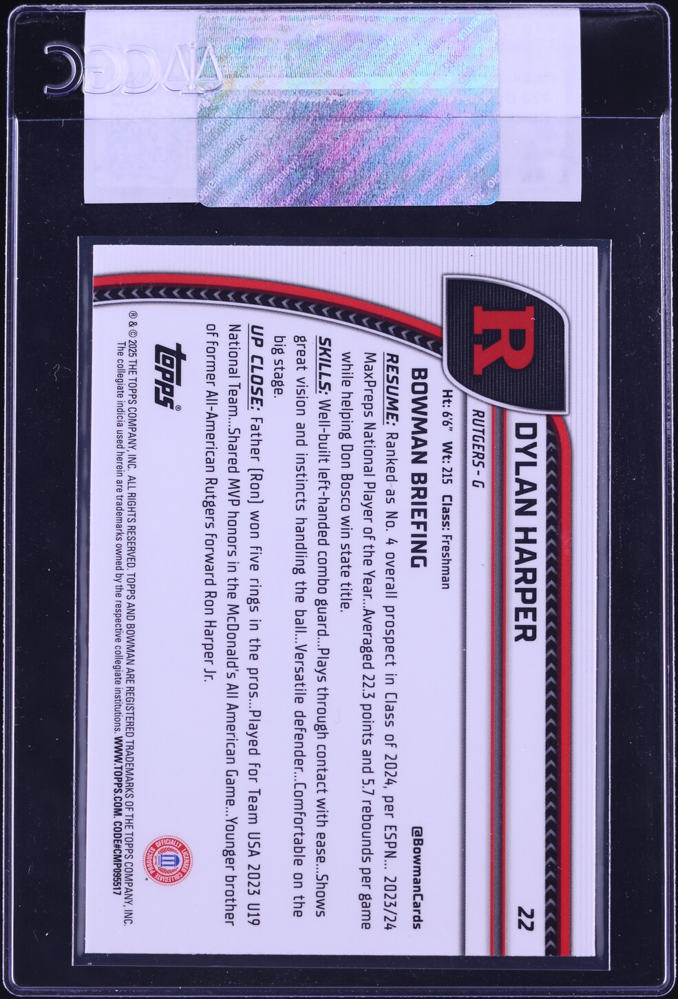2024 Bowman Chrome University Black Wave Refractor Dylan Harper ROOKIE #22 CGC AUTH