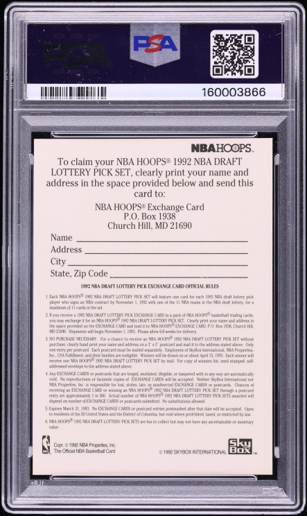 1992 Hoops Draft Redemption Unstamped Exchange Card PSA 9 MINT