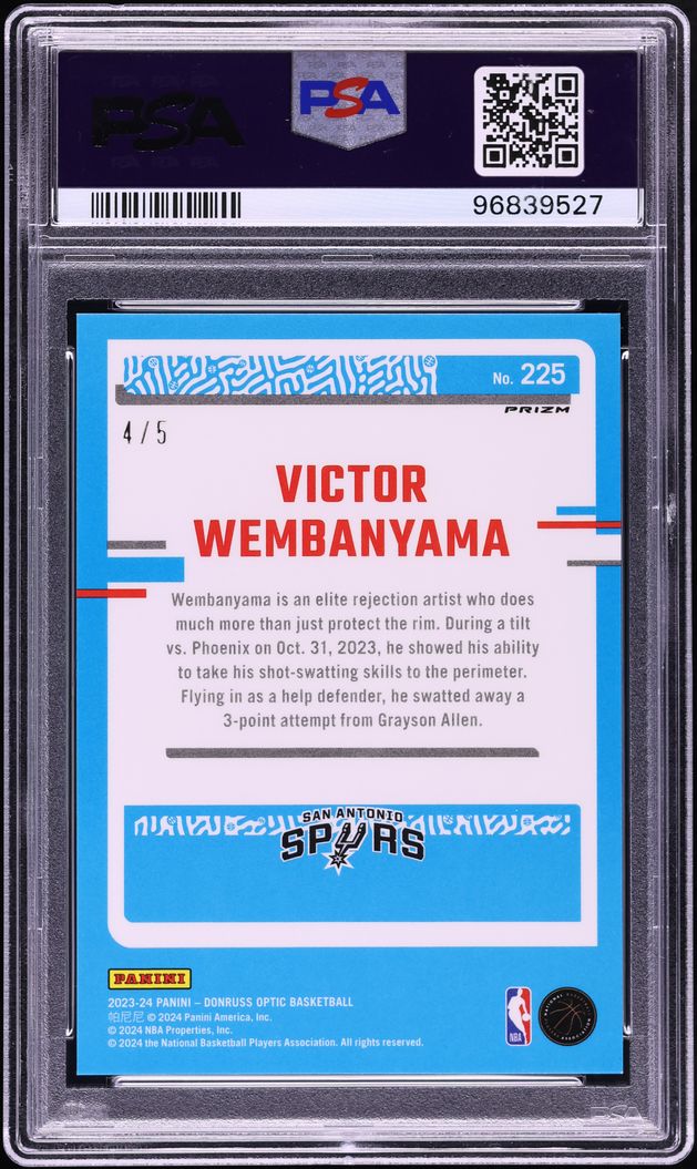 2023 Donruss Optic Green Victor Wembanyama ROOKIE /5 #225 PSA 10 GEM MINT