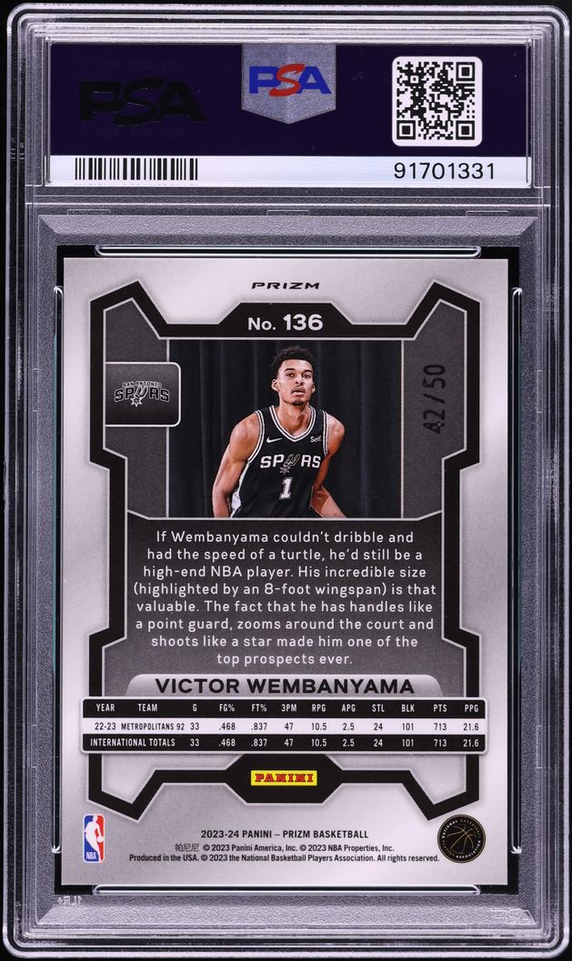 2023 Panini Prizm Pink Fast Break Victor Wembanyama ROOKIE /50 #136 PSA 10 GEM MINT
