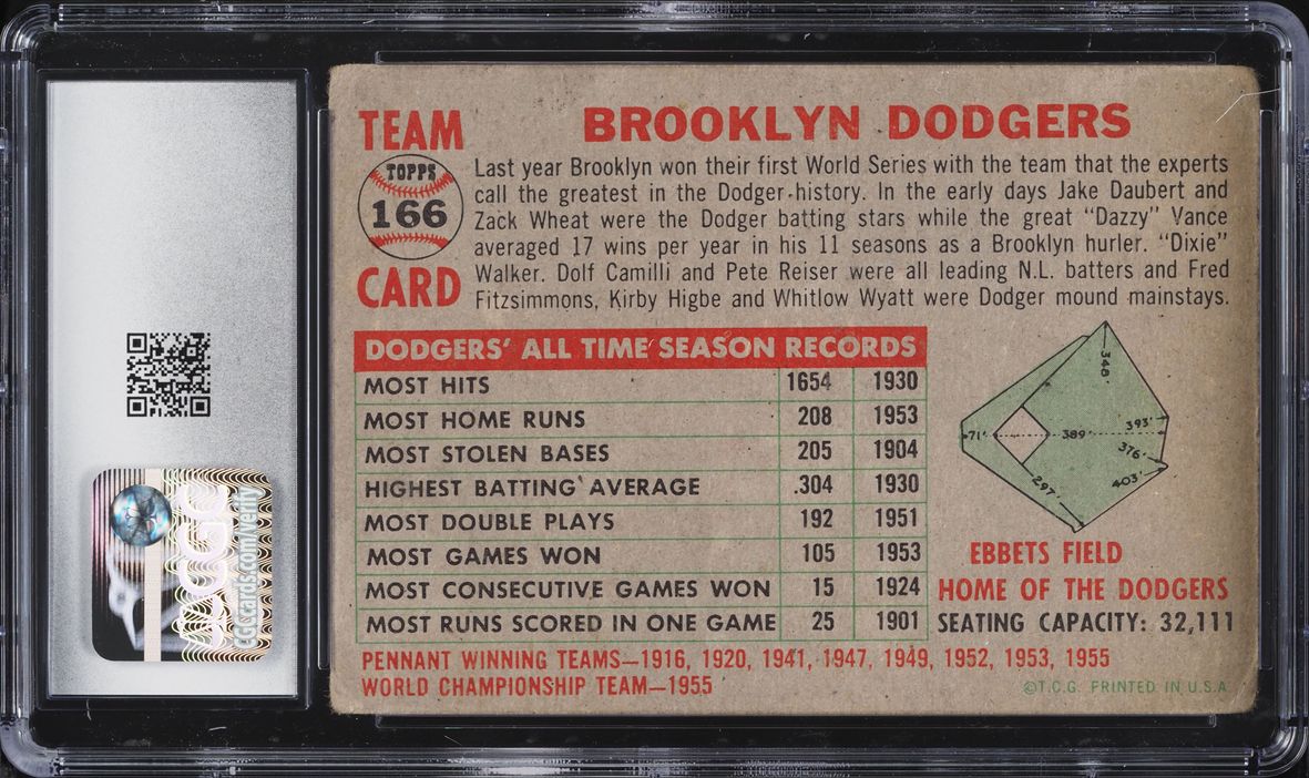 1956 Topps Brooklyn Dodgers GRAY BACK #166 CGC 2 GD