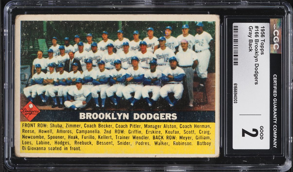 1956 Topps Brooklyn Dodgers GRAY BACK #166 CGC 2 GD