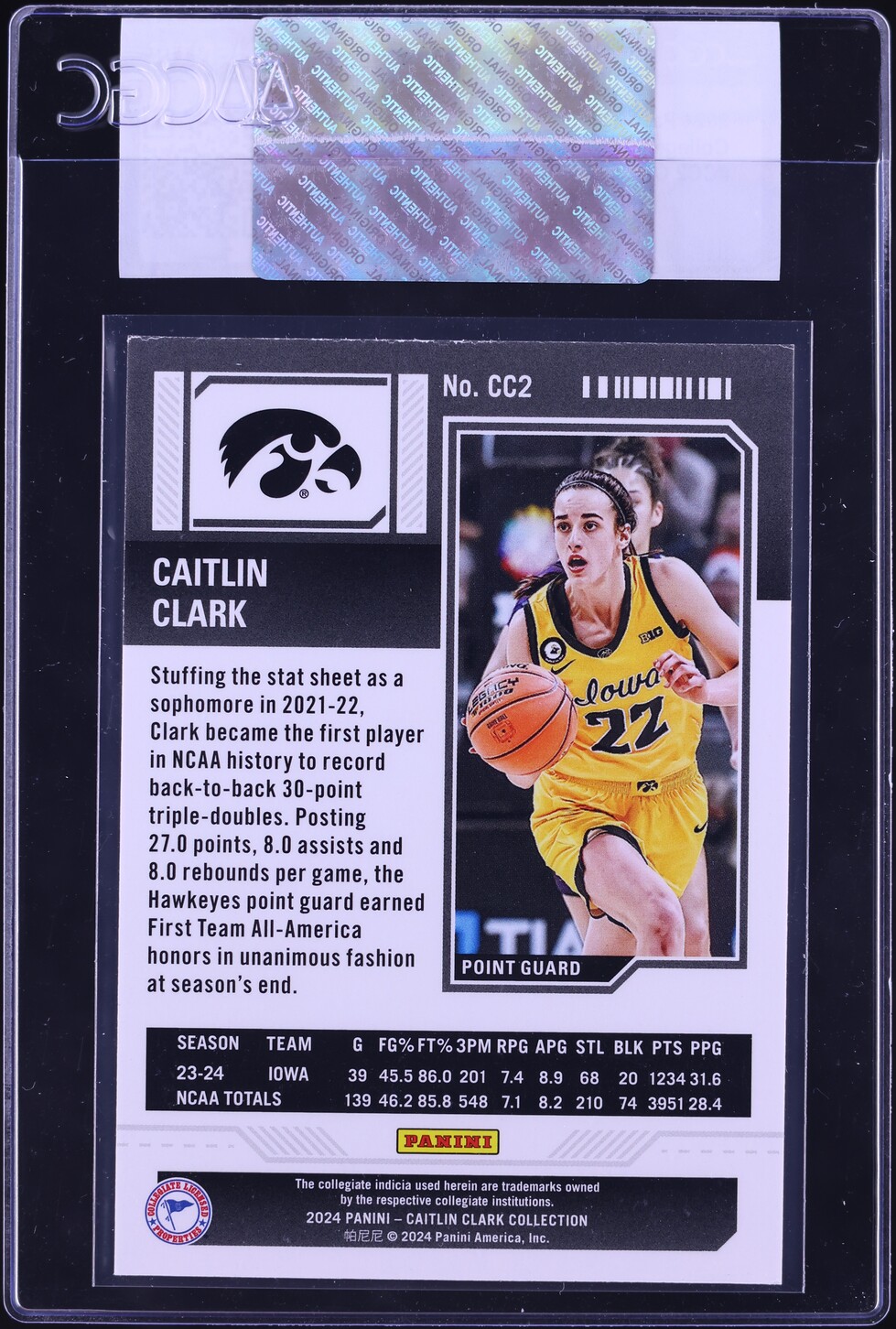 2024 Panini Contenders Collection College Caitlin Clark ROOKIE #CC2 CGC AUTH