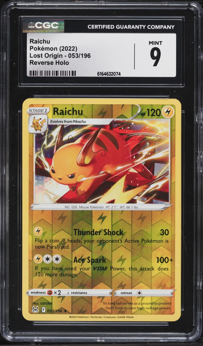 2022 Pokemon Sword & Shield Lost Origin Reverse Holo Raichu #53 CGC 9 MINT