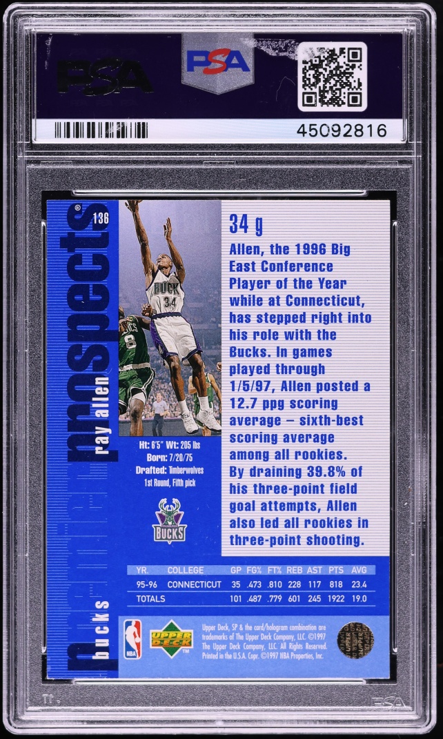 1996 SP Basketball Ray Allen ROOKIE #136 PSA 6 EXMT