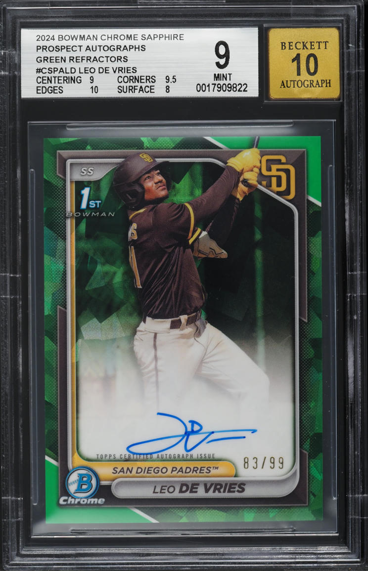 2024 Bowman Chrome Sapphire Green Refractor Leo De Vries PROSPECT AUTO /99 BGS 9 MINT