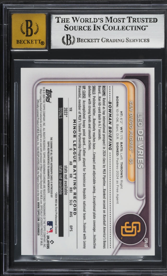 2024 Bowman Chrome Sapphire Green Refractor Leo De Vries PROSPECT AUTO /99 BGS 9 MINT