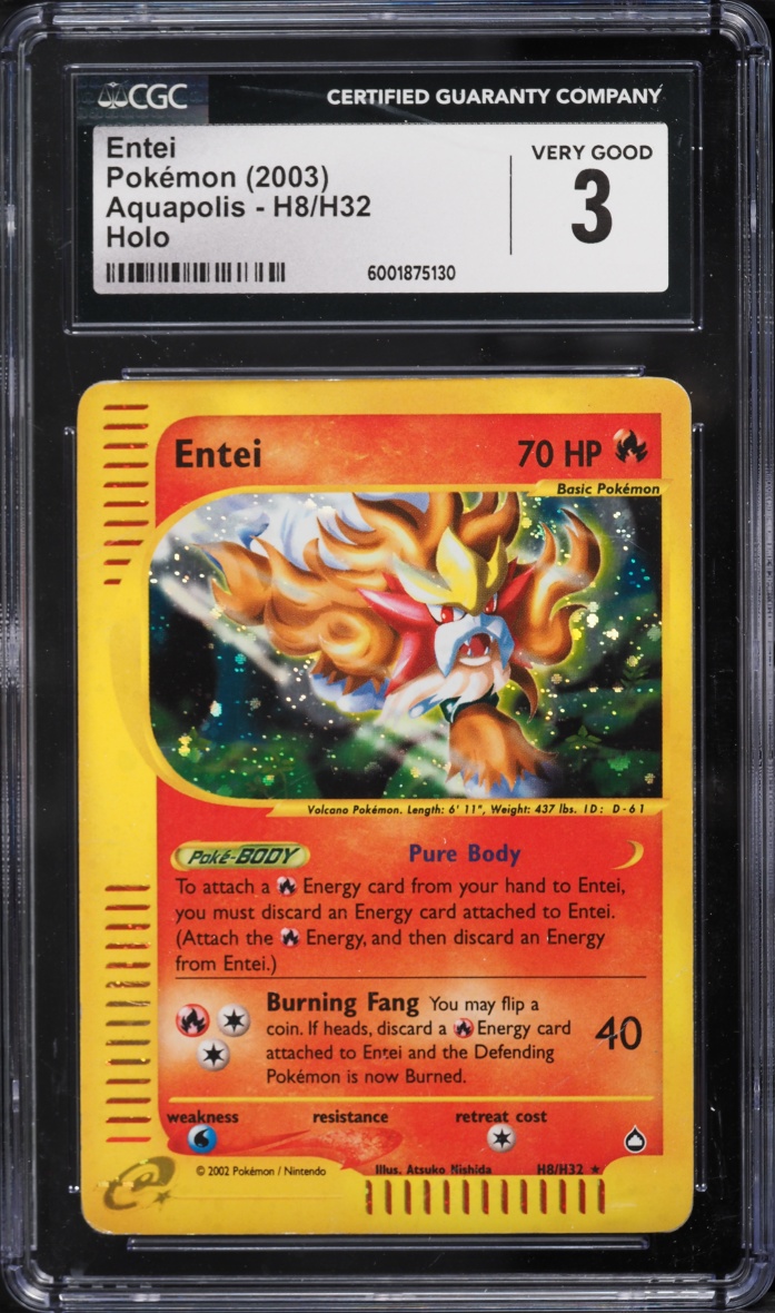 2003 Pokemon Aquapolis Holo Entei #H8 CGC 3 VG