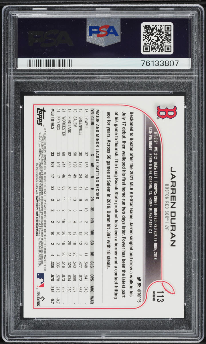 2022 Topps Chrome Sepia Refractor Jarren Duran ROOKIE #113 PSA 10 GEM MINT