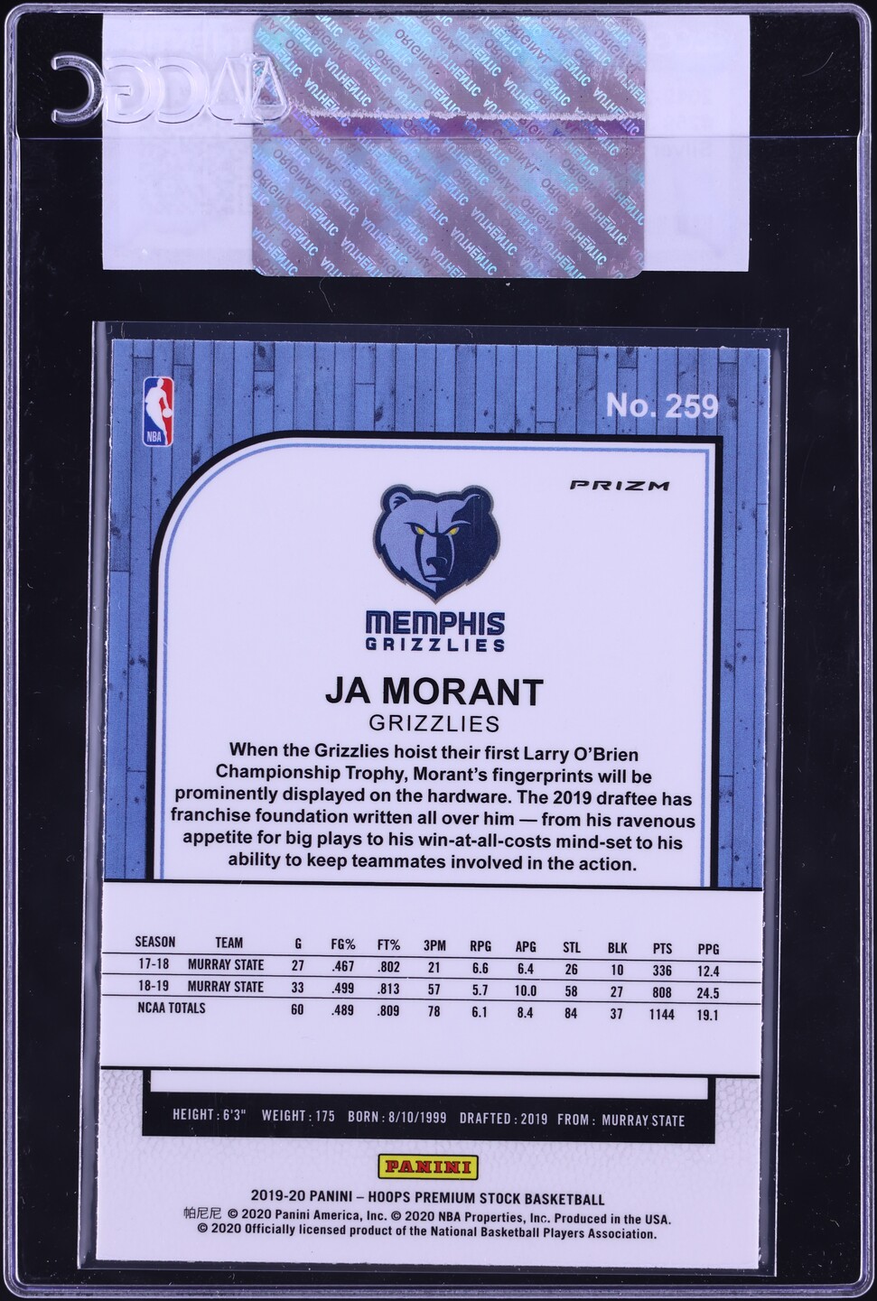 2019 Hoops Premium Stock Silver Ja Morant ROOKIE #259 CGC AUTH
