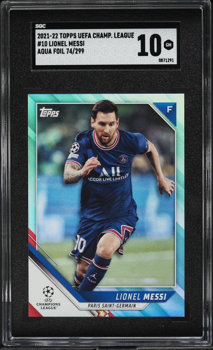 2021 Topps UEFA Champions League Aqua Foil Lionel Messi /299 #10 SGC 10 GEM MINT