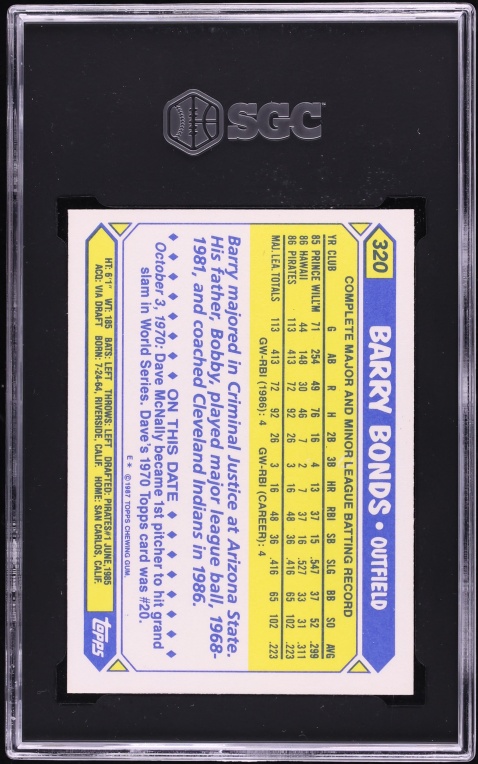 1987 Topps Tiffany Barry Bonds #320 SGC 10 PRISTINE - Photo 2