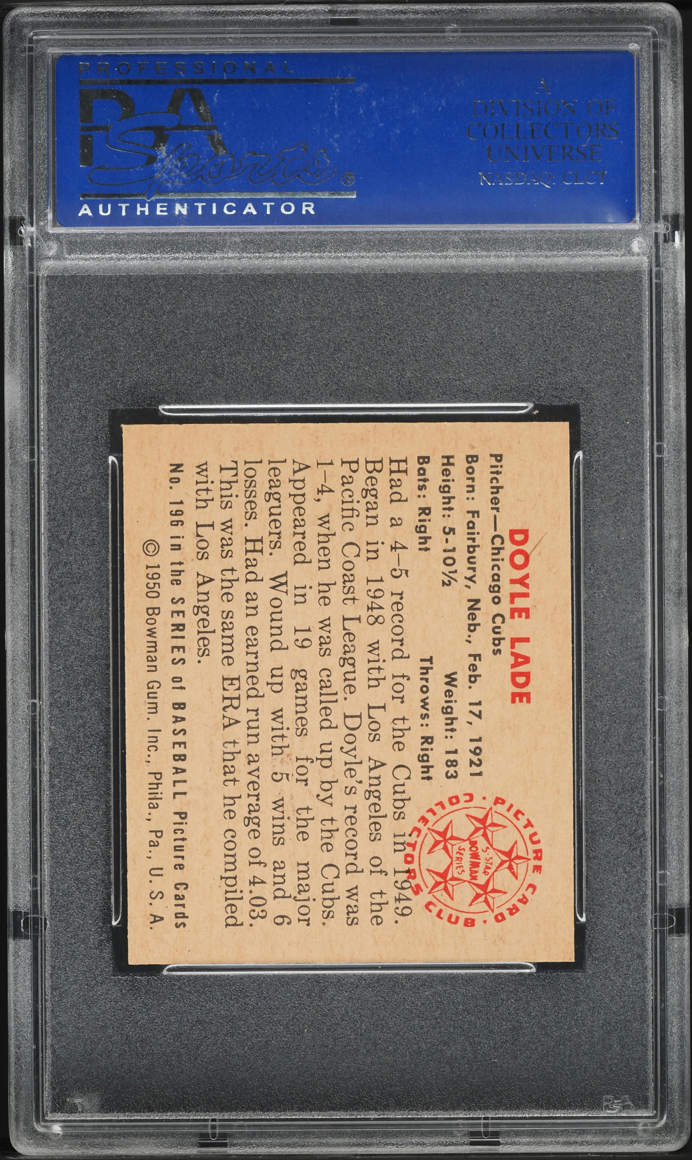 1950 Bowman Doyle Lade #196 PSA 9 MINT