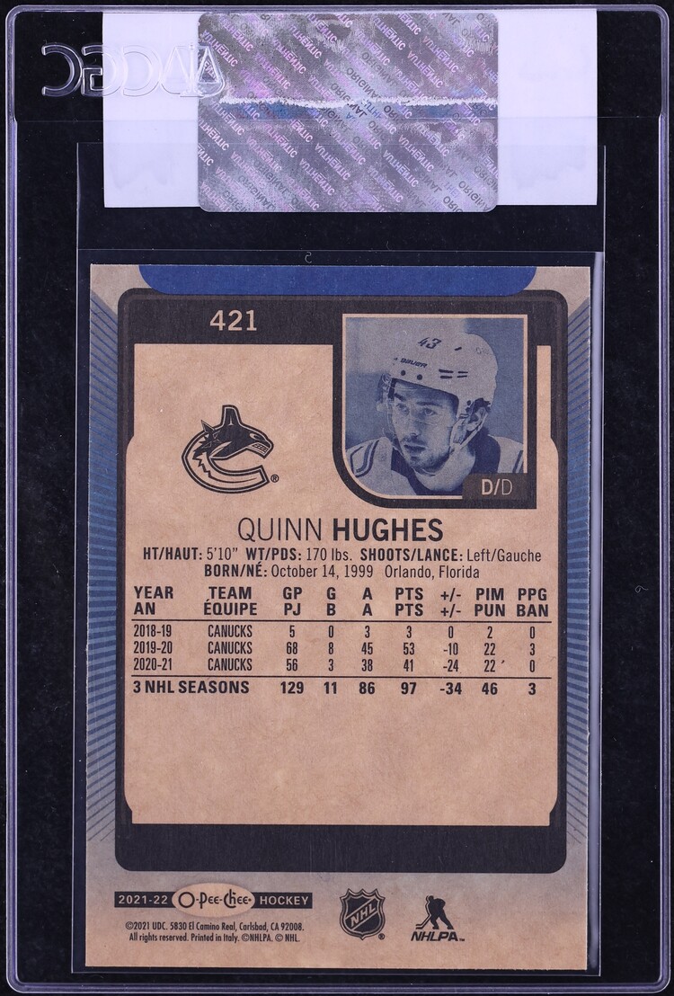 2021 O-Pee-Chee Blue Border Quinn Hughes #421 CGC AUTH