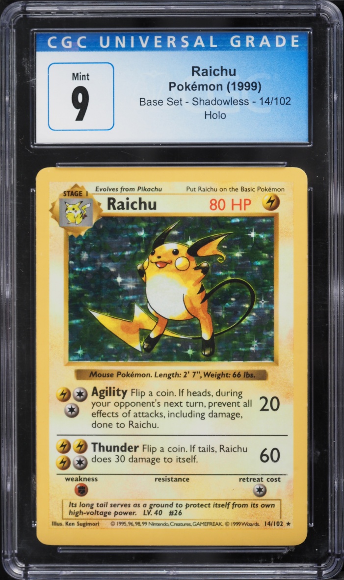 1999 Pokemon Base Set Shadowless Holo Raichu #14 CGC 9 MINT