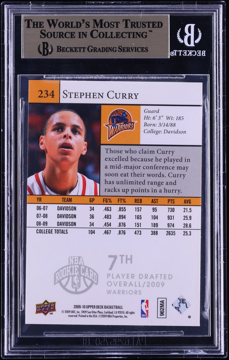 2009 Upper Deck Basketball Stephen Curry ROOKIE #234 BGS 9.5 GEM MINT - Photo 2