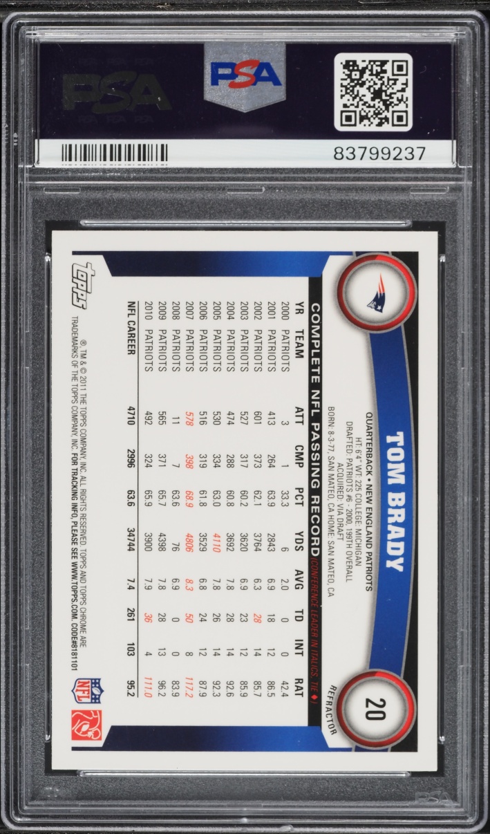 2011 Topps Chrome Orange Refractor Tom Brady #20 PSA 9 MINT