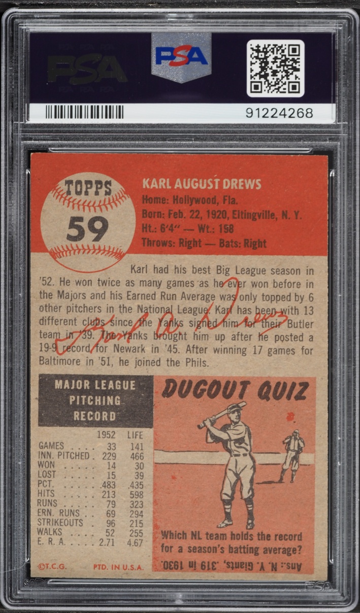1953 Topps Karl Drews #59 PSA 7 NRMT