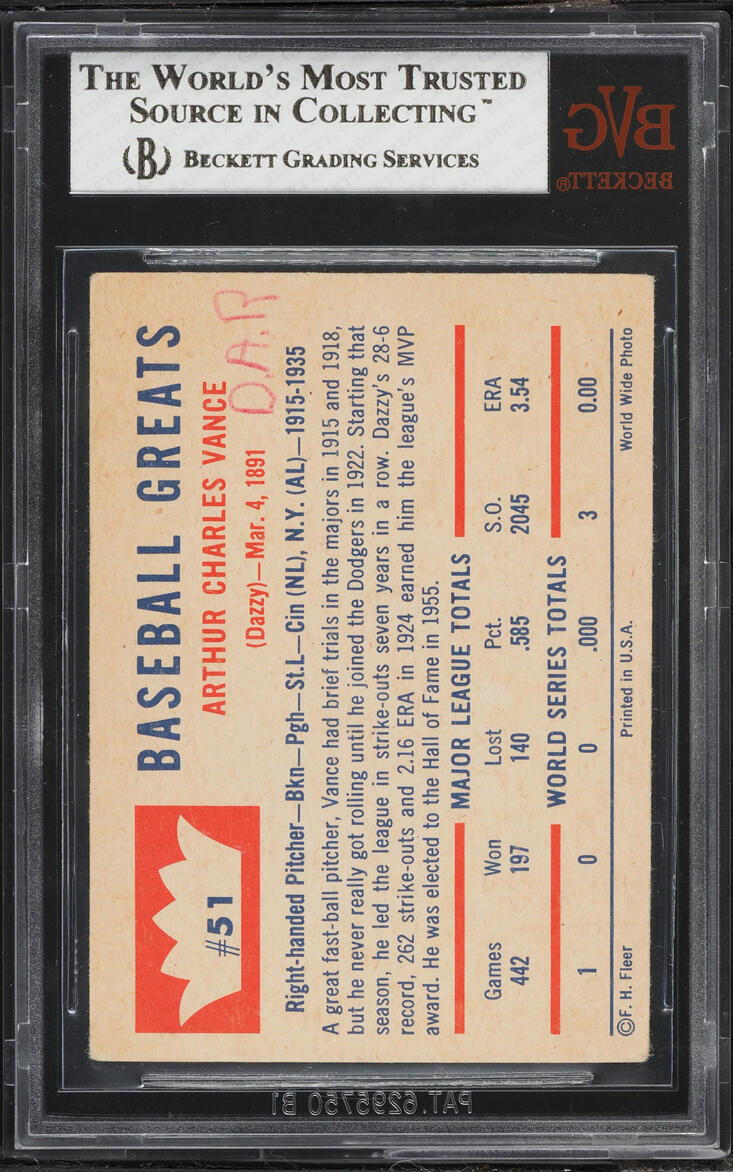 1960 Fleer Dazzy Vance #51 BVG 2 GD