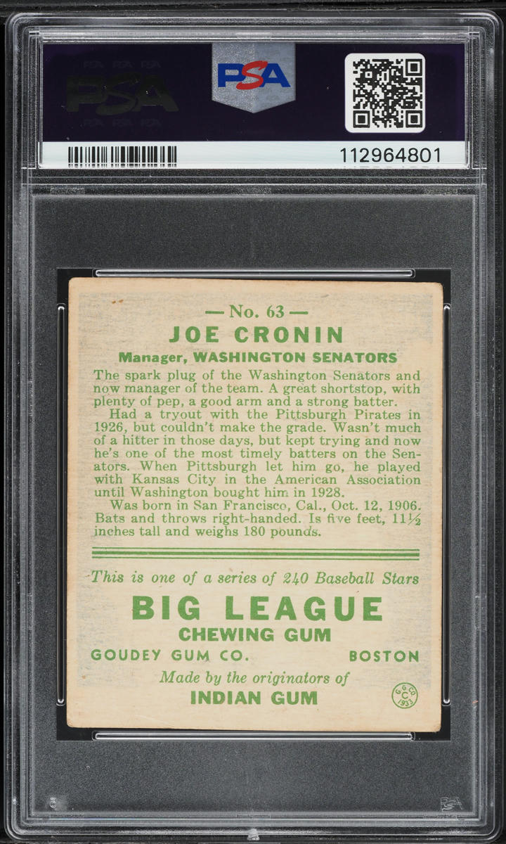 1933 Goudey Joe Cronin #63 PSA 1 PR
