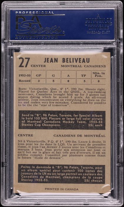 1953 Parkhurst Hockey Jean Beliveau ROOKIE #27 PSA 8 NM-MT